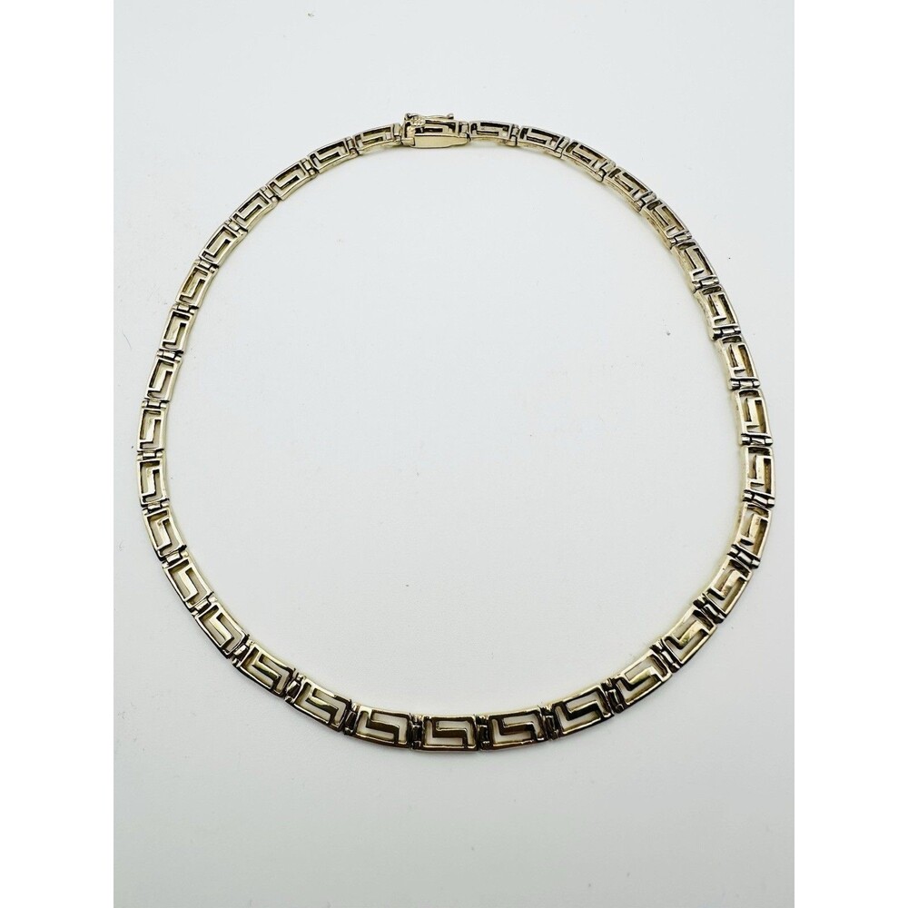 Sterling Silver Estate Greek Key Necklace Gold Plated Collar 15” Long